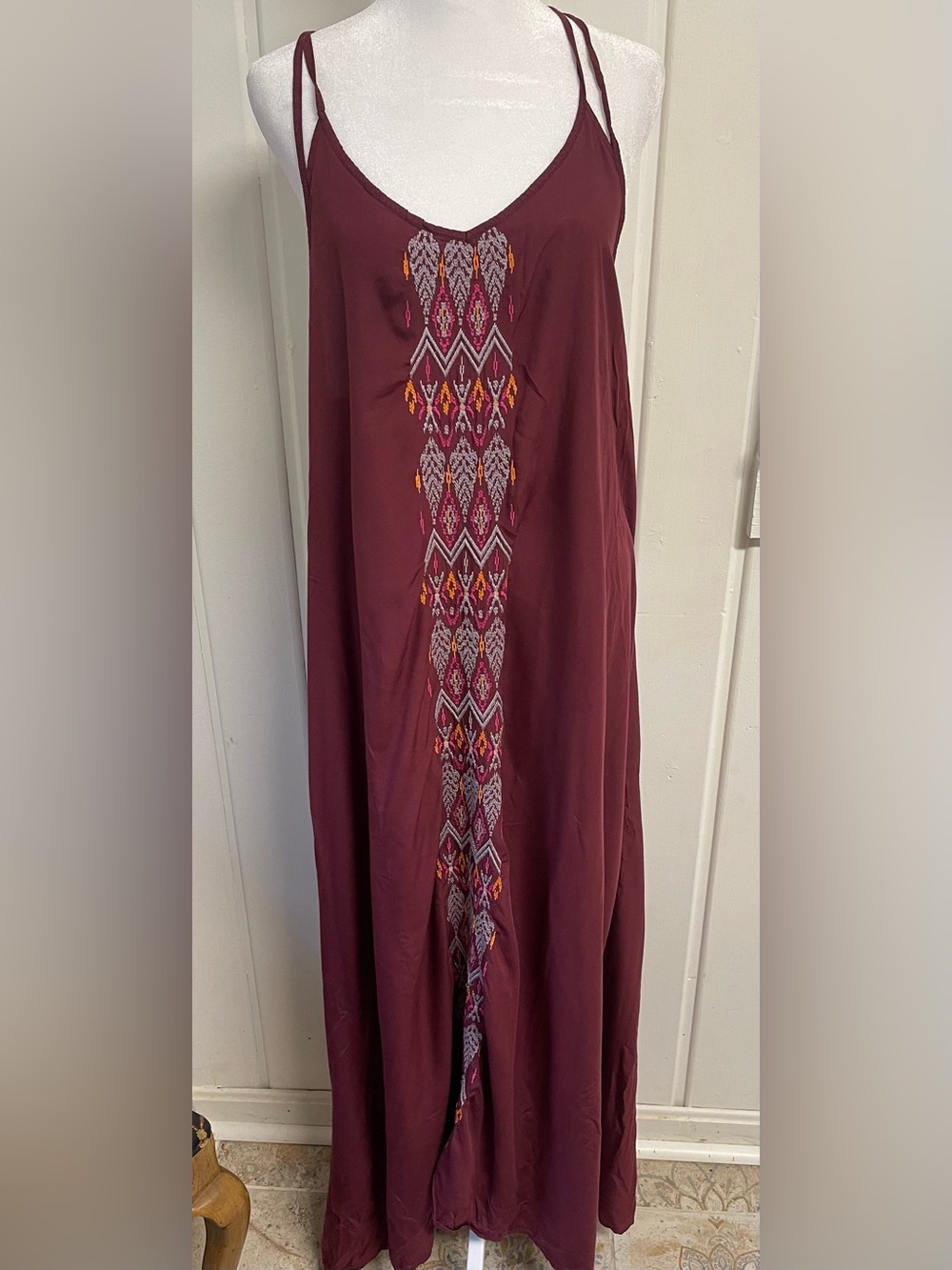 prAna Burgundy Embroidered Maxi Dress Size L Boho 100% Lenzing Modal
